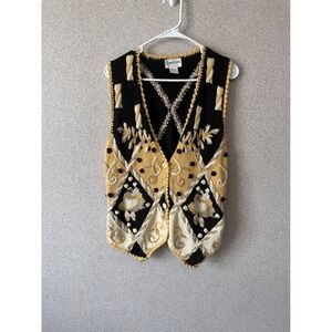 Vintage Neiman Marcus Exclusive Knit‎ Vest Black Gold Embroidered Cotton Ramie S